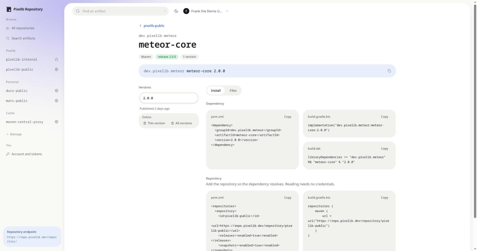 An artifact page in Arca, showing ready made Maven, Gradle and sbt snippets